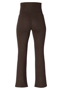 Dunkelbraune, ausgestellte Leggings mit hohem Taillenbund, aus einem weichen, dehnbaren Material gefertigt. Glatte Oberfläche ohne sichtbare Muster oder Akzente.