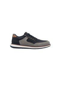 Men's sneakers featuring gray suede and navy fabric, with a brown leather accent. Side zipper and contrasting white sole.