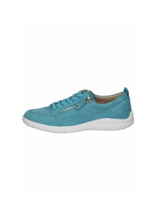 Turquoise suede sneaker with a white rubber sole. Features include lace-up design and a decorative zipper on the side.