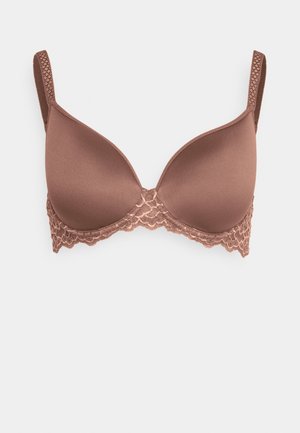 Brown padded bra with lace trim at the base and straps, featuring a smooth texture and a seamless design for comfort.