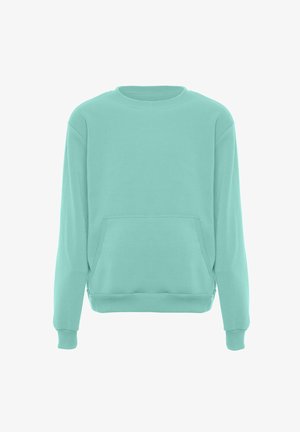 Fakó zöld pulóver puha anyagból, kerek nyakkivágással, hosszú ujjakkal és elülső kenguru zsebbel. Egyszerű dizájn, minták nélkül.