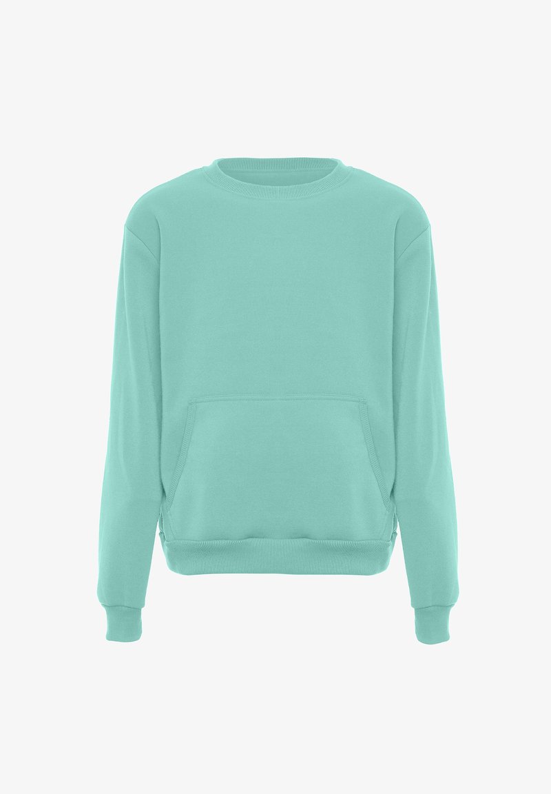 Felpa verde menta realizzata in tessuto morbido, con scollatura rotonda, maniche lunghe e una tasca a marsupio frontale. Design semplice, senza motivi.