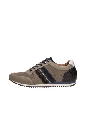 Casual herensneaker in bruin en zwart met een gestructureerde hiel, blauw en zwarte zijstrepen, vetersluiting en witte zool met blauwe accenten.
