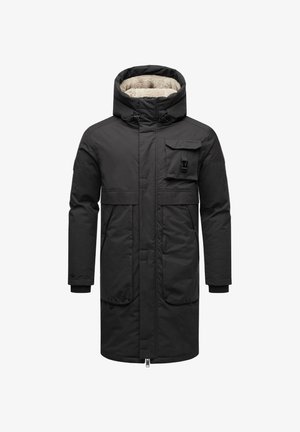 Čierna prešívaná parka s kapucňou s umelým kožúškom, prednou náprsné kapsou, dvojitými bočnými kapsami a rebrovými manžetami. Zapínanie na zips a cvok.