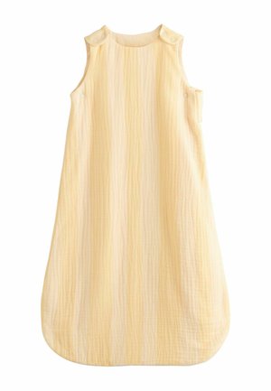 Ärmelloser Baby-Schlafsack in blassem Gelb mit Druckknöpfen an Schultern und Seiten, gewebtes, leichtes Material, abgerundeter Boden.