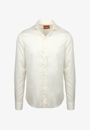 Cremfarbener Hemd mit Knöpfen, spitzem Kragen, langen Ärmeln und glattem, glänzendem Stoff. Besitzt einen subtilen Schimmer und ein schlichtes Design.