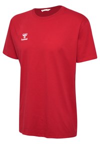 Rode katoenen t-shirt met korte mouwen, ronde hals en een klein wit logo op de linkerkant van de borst. Glad textuur, casual pasvorm.