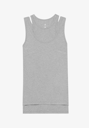 Grå tanktop med en jevn, elastisk tekstur, brede skulderstropper og en rund utringning med rett falm.