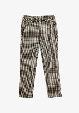 Brown and beige houndstooth patterned trousers with navy drawstring and side pockets, displayed flat on a white background.