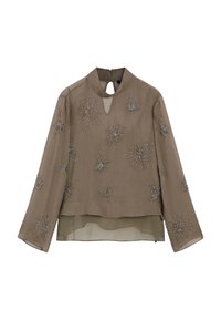 Brun bluse med lange ærmer og nøglehulshalsudskæring, pyntet med sølv perledekorerede stjernemønstre, lagdelt design og transparent stof.