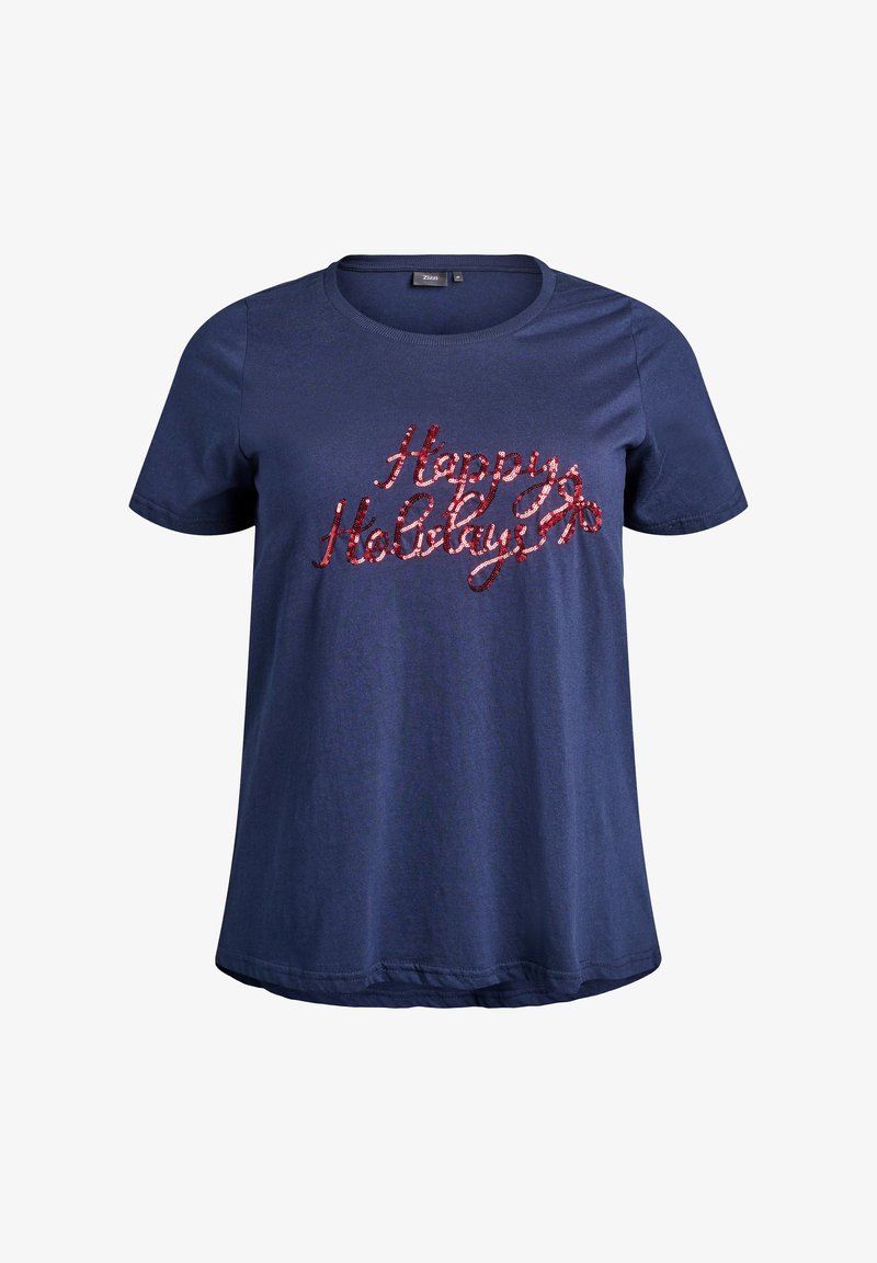 Tamsiai mėlynas marškinėliai trumpomis rankovėmis, apvaliu iškirpimu ir raudonų blizgučių "Laimingų atostogų" dizainu priekyje. Minkšta medžiaga, laisvas siluetas.