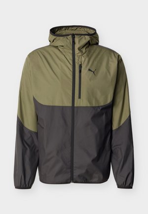 Jasnooliwkowa i ciemnoszara kurtka z kapturem na zamek błyskawiczny, z kieszenią na zamek na piersi i elastycznymi mankietami, z małym logo Puma na piersi.