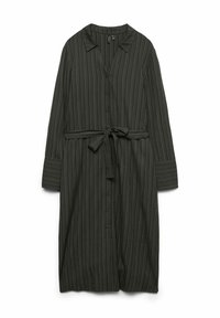 Robe longue à rayures vert foncé avec un col, des boutons sur le devant, des manches longues et une ceinture à nouer à la taille. Texture de tissu lisse.
