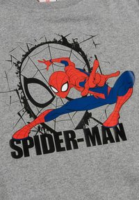 Felpa grigia con un grafico di Spider-Man in rosso e blu, dettagli in rete nera e il testo in grassetto nero che legge "SPIDER-MAN."