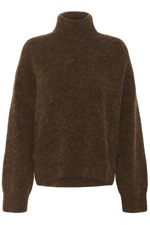 Brown, chunky knit turtleneck sweater with a relaxed fit, dropped shoulders, and ribbed cuffs. Soft texture, no visible patterns or hardware.