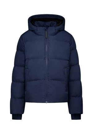 Veste d'hiver matelassée bleu marine avec capuche, fermeture éclair intégrale à l'avant, manches longues et poches latérales.