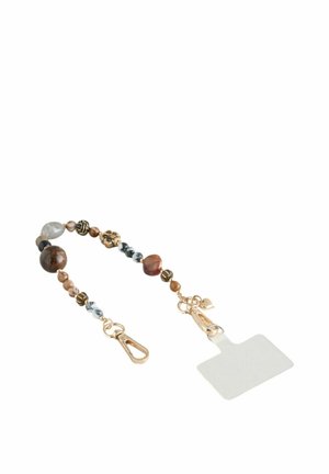 Perlen-Schlüsselband mit gemischten Steinen in Braun, Grau und Schwarz; mit goldfarbenen Beschlägen und einem rechteckigen klaren Ausweis-Halter.