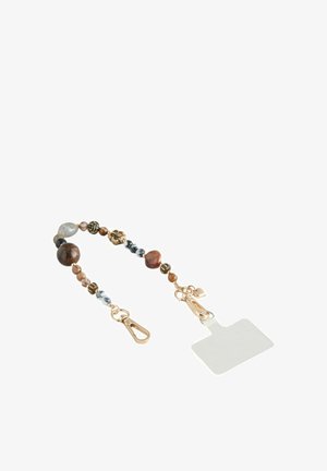 Perlen-Schlüsselband mit gemischten Steinen in Braun, Grau und Schwarz; mit goldfarbenen Beschlägen und einem rechteckigen klaren Ausweis-Halter.