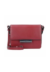 Red leather crossbody bag with a flap closure, silver hardware, and an adjustable strap. Smooth texture with a minimalist design.