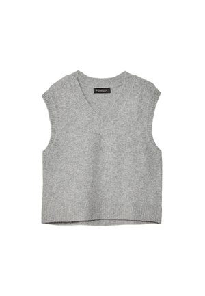 Grauer, gestrickter ärmelloser Pullover mit V-Ausschnitt. Weiche Textur, gerippter Saum und lässiges Design, geeignet zum Layering oder als Einzelteil.