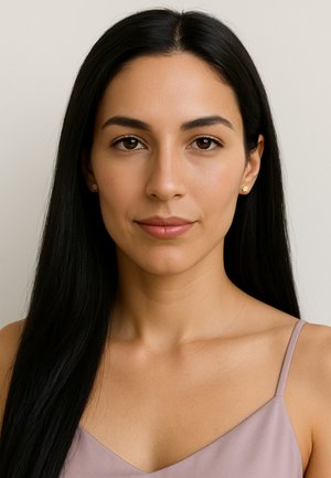 Une femme avec de longs cheveux noirs, portant un haut en satin violet clair, se tient devant un fond uni, affichant peu de bijoux et un maquillage naturel.