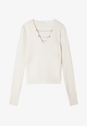 Maglione bianco a coste con maniche lunghe e scollo a V, caratterizzato da un dettaglio decorativo in catena argentata sul petto. Tessuto morbido, design aderente.