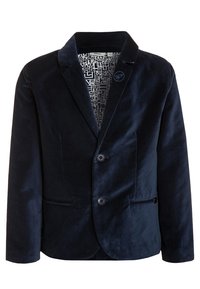 Marineblauwe fluwelen blazer met twee knopen, notch revers, zijzakken en een geplooide binnenvoering. Zachte textuur, op maat gemaakt ontwerp.