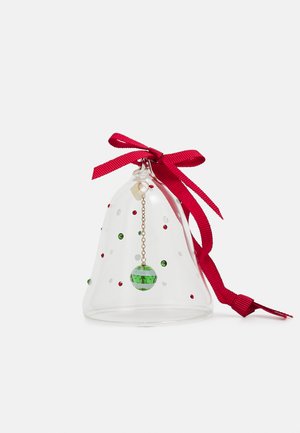Transparent glass bell ornament with red and green dots, featuring a green bead on a chain, topped with a red ribbon.