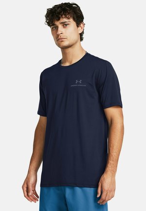 Navy blue short-sleeve t-shirt made from smooth fabric, featuring a subtle logo printed on the chest and a classic crew neckline.