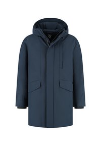 Marineblauwe winterparka met capuchon, voorzijde met rits onder stormflap, twee klepzakken en verstelbare trekkoorden voor de capuchon.