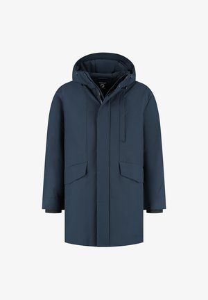 Marineblauwe winterparka met capuchon, voorzijde met rits onder stormflap, twee klepzakken en verstelbare trekkoorden voor de capuchon.