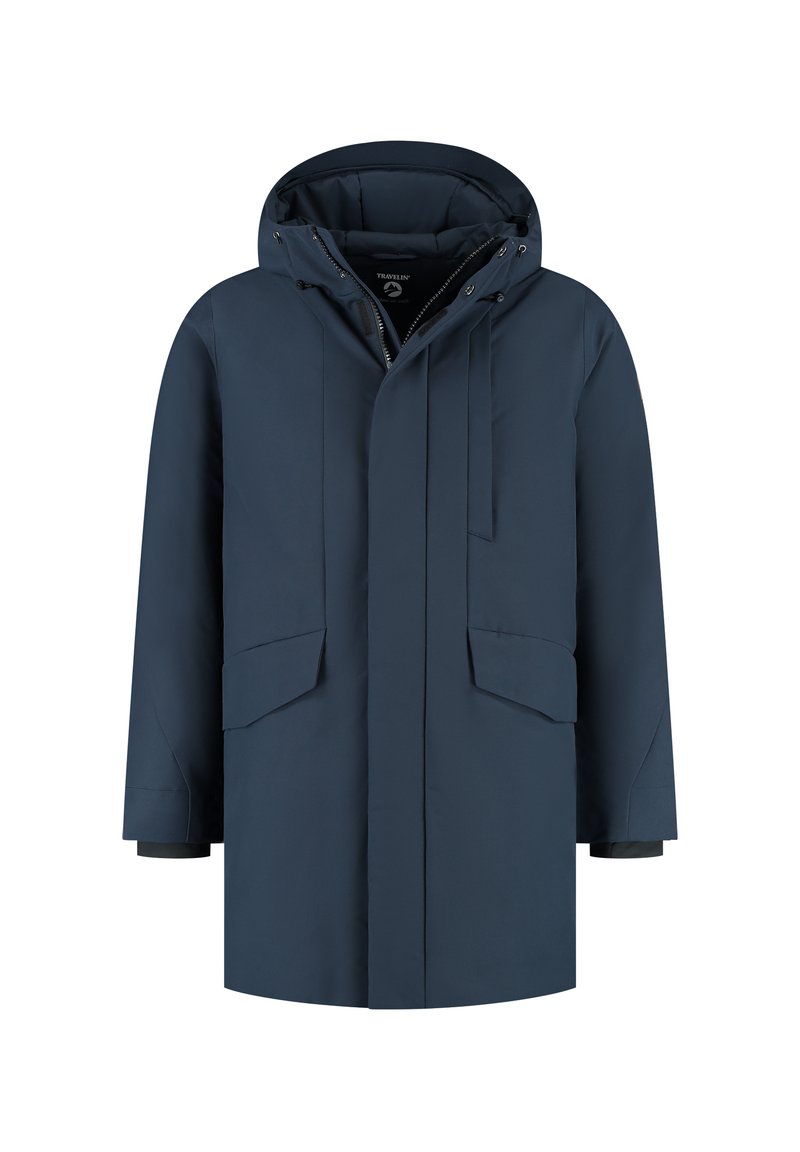 Marineblauwe winterparka met capuchon, voorzijde met rits onder stormflap, twee klepzakken en verstelbare trekkoorden voor de capuchon.