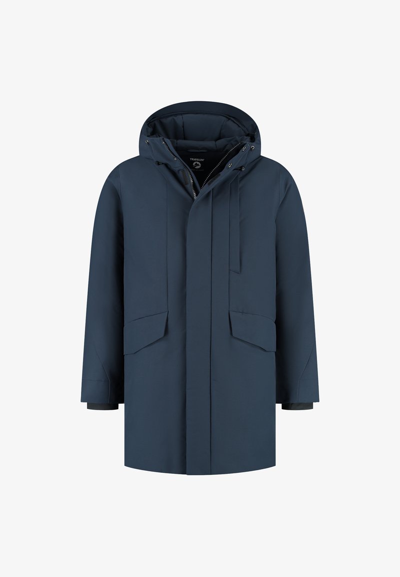 Marineblauwe winterparka met capuchon, voorzijde met rits onder stormflap, twee klepzakken en verstelbare trekkoorden voor de capuchon.