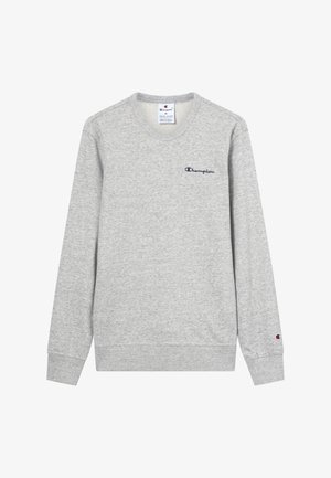 Felpa grigia in misto cotone, con maniche lunghe, scollo rotondo e piccolo logo ricamato in blu scuro sul petto.