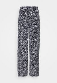 Navy patterned trousers with white abstract dots, wide-leg design, elastic waistband, lightweight fabric, smooth texture, no visible hardware.