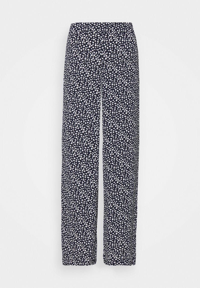Navy patterned trousers with white abstract dots, wide-leg design, elastic waistband, lightweight fabric, smooth texture, no visible hardware.