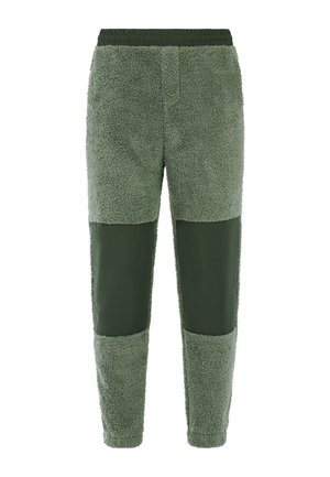 Fleece joggingbroek in olijfgroen met een getextureerde, pluizige afwerking. Beschikt over gladde, bijpassende accenten op de benen en een elastische tailleband.