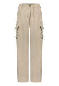 Beige cargobroek met elastische tailleband, knoopsluiting, twee zijvakjes, rechte pijpen en een gladde stofstructuur.