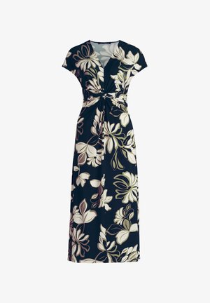 Sötét tengerészkék virágmintás maxi ruha, deréknál kötőelemmel, rövid ujjakkal, nagy krémszínű és olívzöld virágmintákkal.