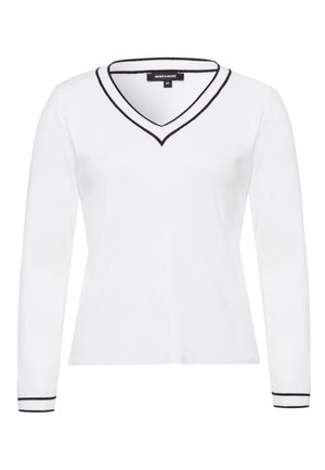Pull blanc à manches longues avec col en V et bordure noire au niveau du col et des poignets, taille 34, présenté sur un fond neutre.