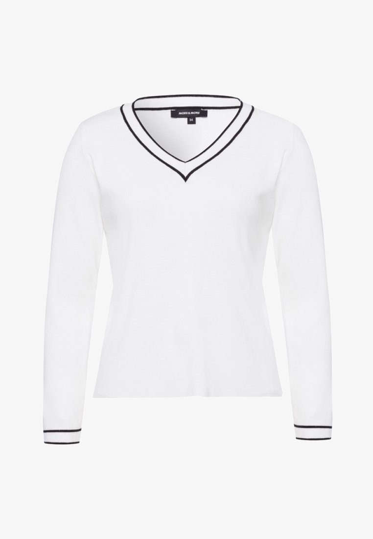 Pull blanc à manches longues avec col en V et bordure noire au niveau du col et des poignets, taille 34, présenté sur un fond neutre.