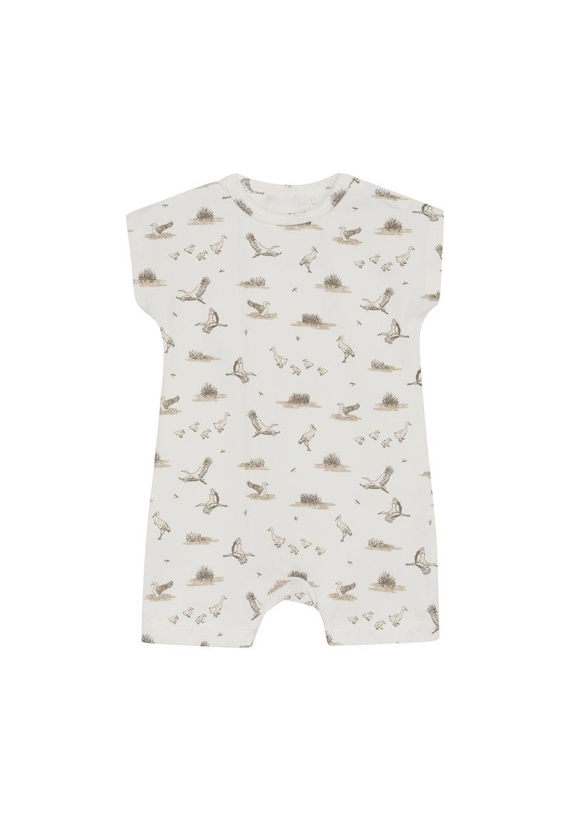 Combishort à manches courtes en coton blanc cassé, avec un motif répétitif d'oiseaux et d'arbustes dans des tons terreux. Fermeture à pressions au fond.