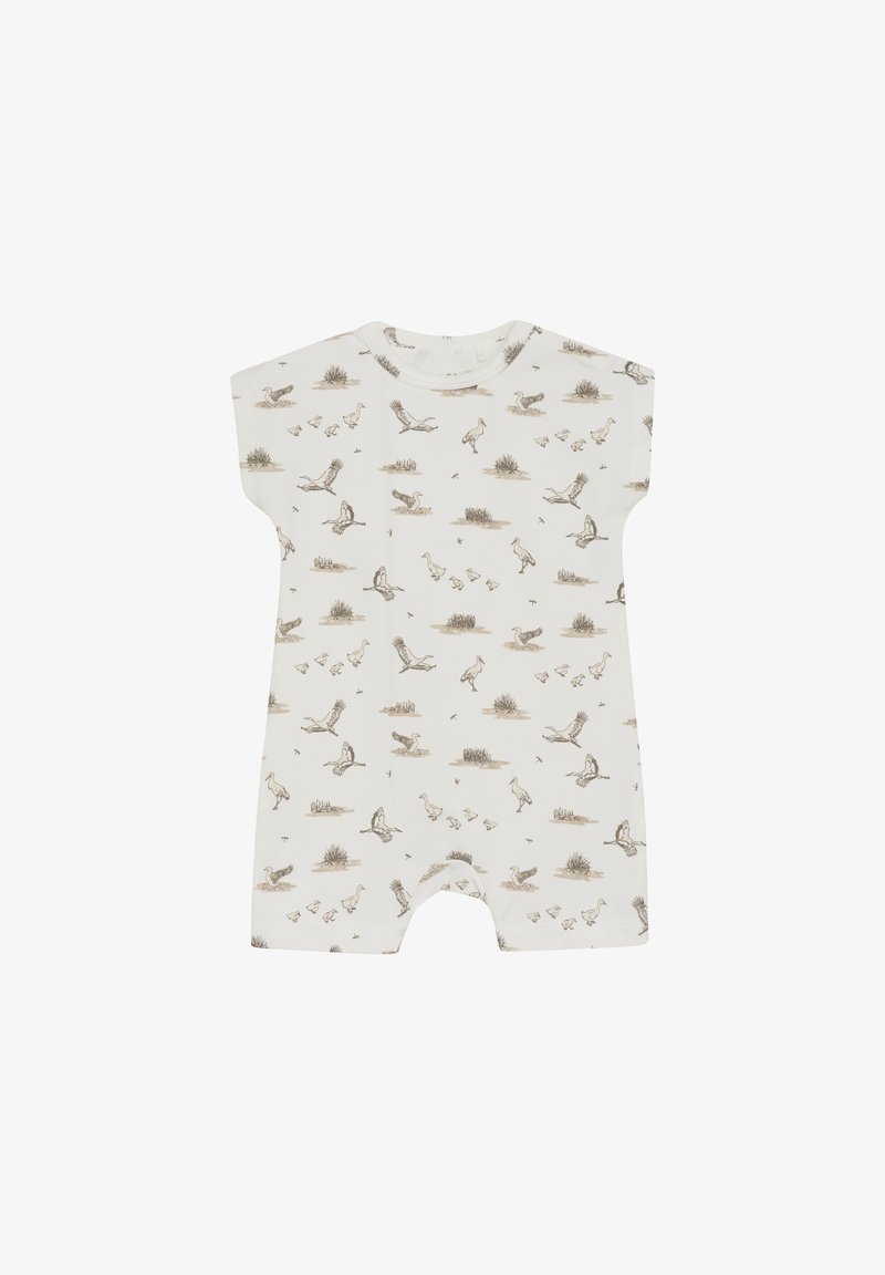 Korte mouwen romper in off-white katoen, met een herhalend patroon van vogels en struiken in aardetinten. Drukknopen aan de onderkant.