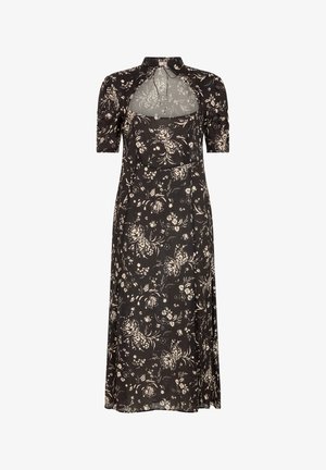 Black floral dress with short sleeves, a high collar, and sheer chest panel; features cream floral patterns and a flowing skirt.