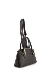 Black textured leather handbag with two top handles and a detachable shoulder strap; features gold-tone hardware and a zippered closure.