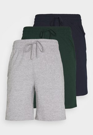Drei Paar Shorts: grau, dunkelgrün und marineblau, aus einem weichen Baumwollgemisch mit elastischem Bund und Kordelzug, ausgestattet mit seitlichen Taschen.