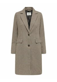 Cappotto lungo a quadri in beige e marrone con rever a punta, chiusura a un bottone, due tasche anteriori e una fodera liscia.