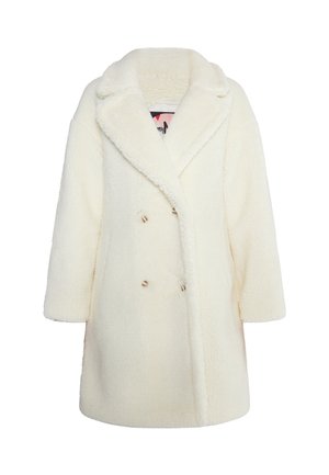 Cremfarbener, doppelt geknöpfter Mantel aus weichem, künstlichem Schaffell. Mit einem geschlitzten Kragen und großen Knöpfen, breiten Ärmeln und einer lockeren Passform.