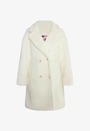 Cremfarbener, doppelt geknöpfter Mantel aus weichem, künstlichem Schaffell. Mit einem geschlitzten Kragen und großen Knöpfen, breiten Ärmeln und einer lockeren Passform.