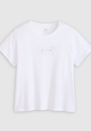 Valge puuvillane T-särk, mille ees on tekstuuriga hõbedane Levi's logo, lühikesed varrukad ja ümar kaelus.